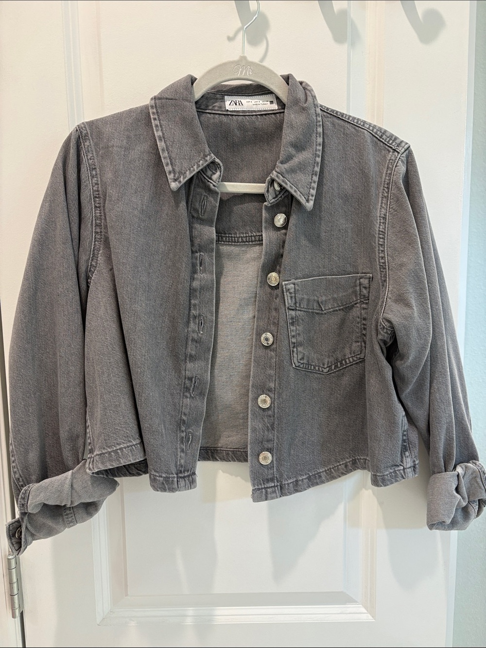 Zara Washed Gray Cropped Denim Jacket